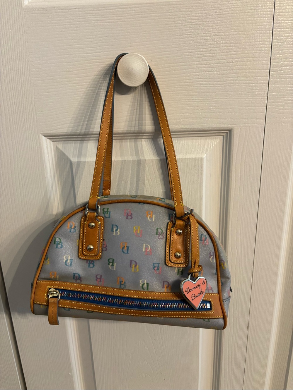 Vintage Y2K “IT” Bag-Dooney & Bourke Multicolor Logo Dome Satchel in Tan Trim